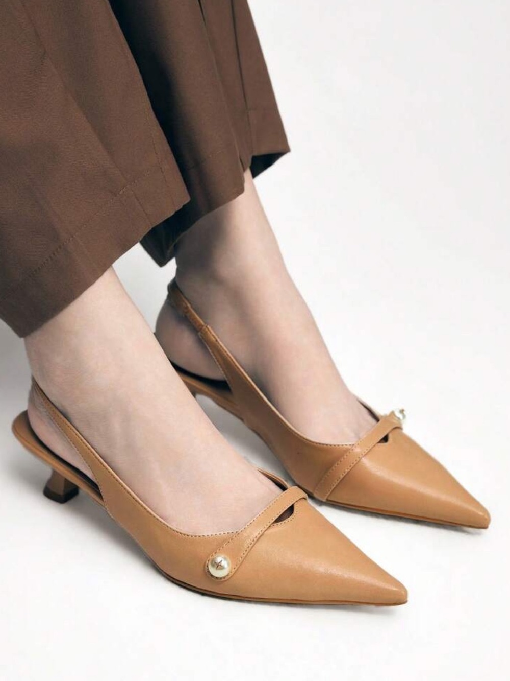 Tan Pointed-Toe Slingback Heels with Gold Accent